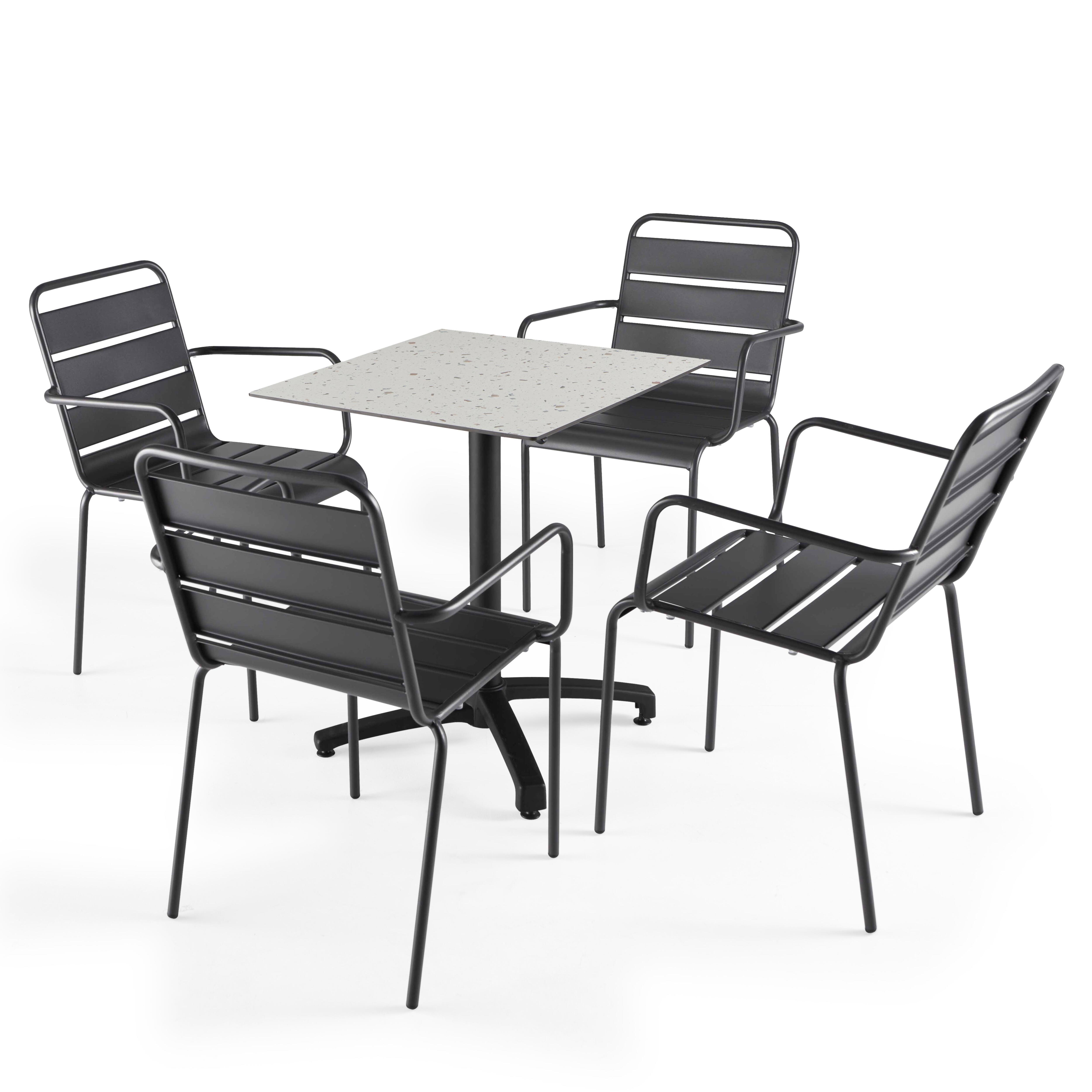Table de terrasse carrée inclinable en aluminium noir et HPL 60x60 cm et 2 chaises avec accoudoirs en métal