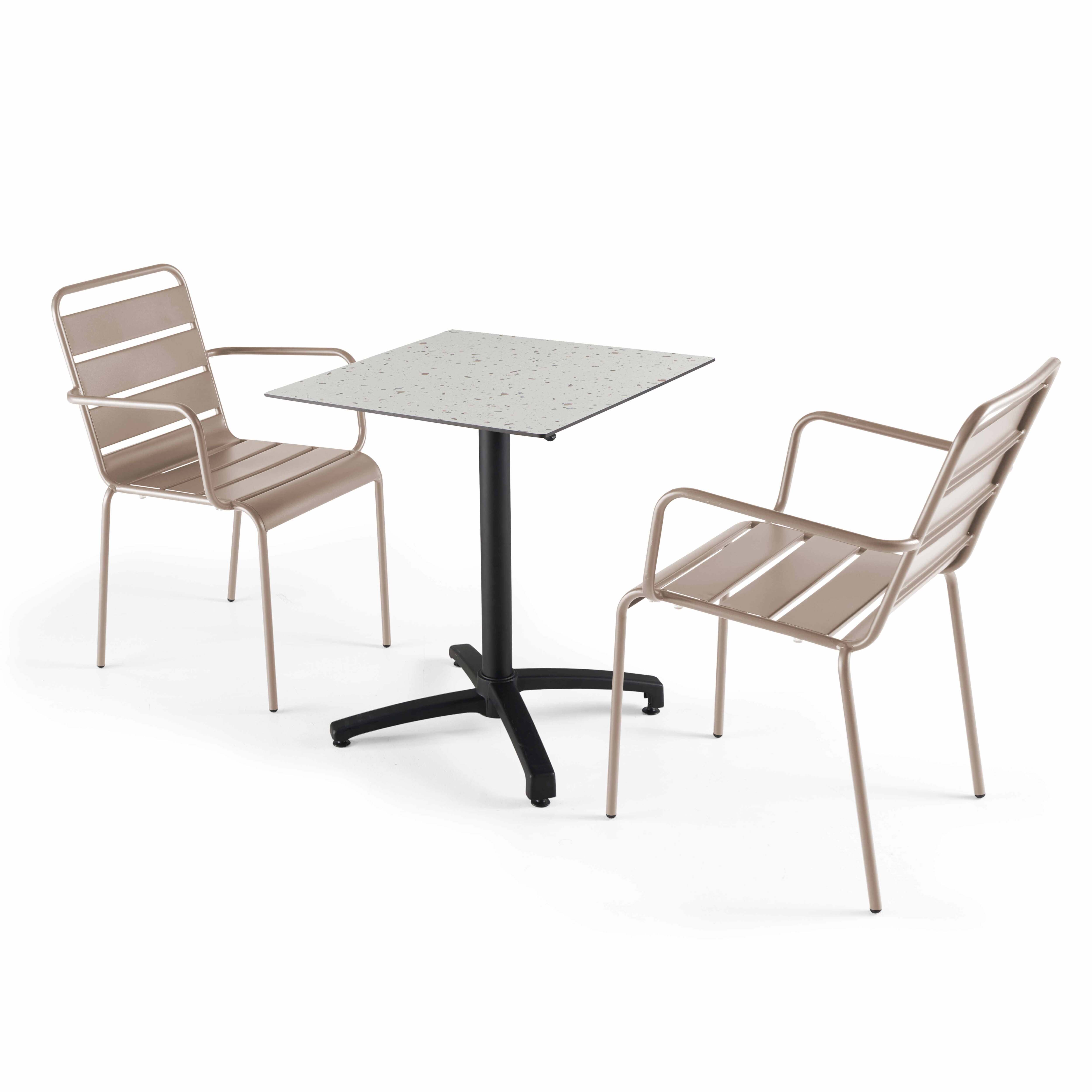 Table de terrasse carrée inclinable en aluminium noir et HPL 60x60 cm et 2 chaises avec accoudoirs en métal