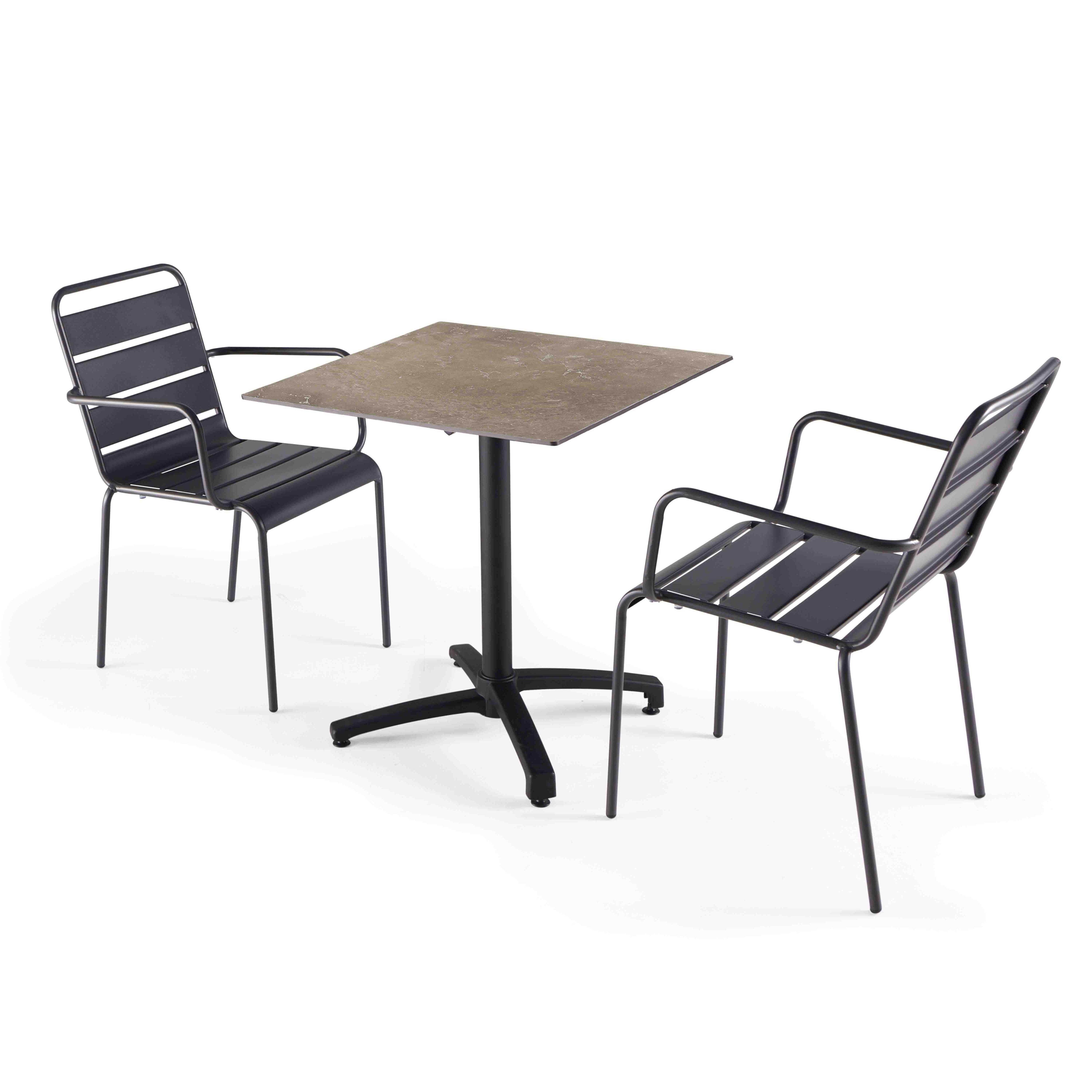Table de terrasse bistrot carrée inclinable en aluminium noir et HPL 70x70 cm et 4 chaises