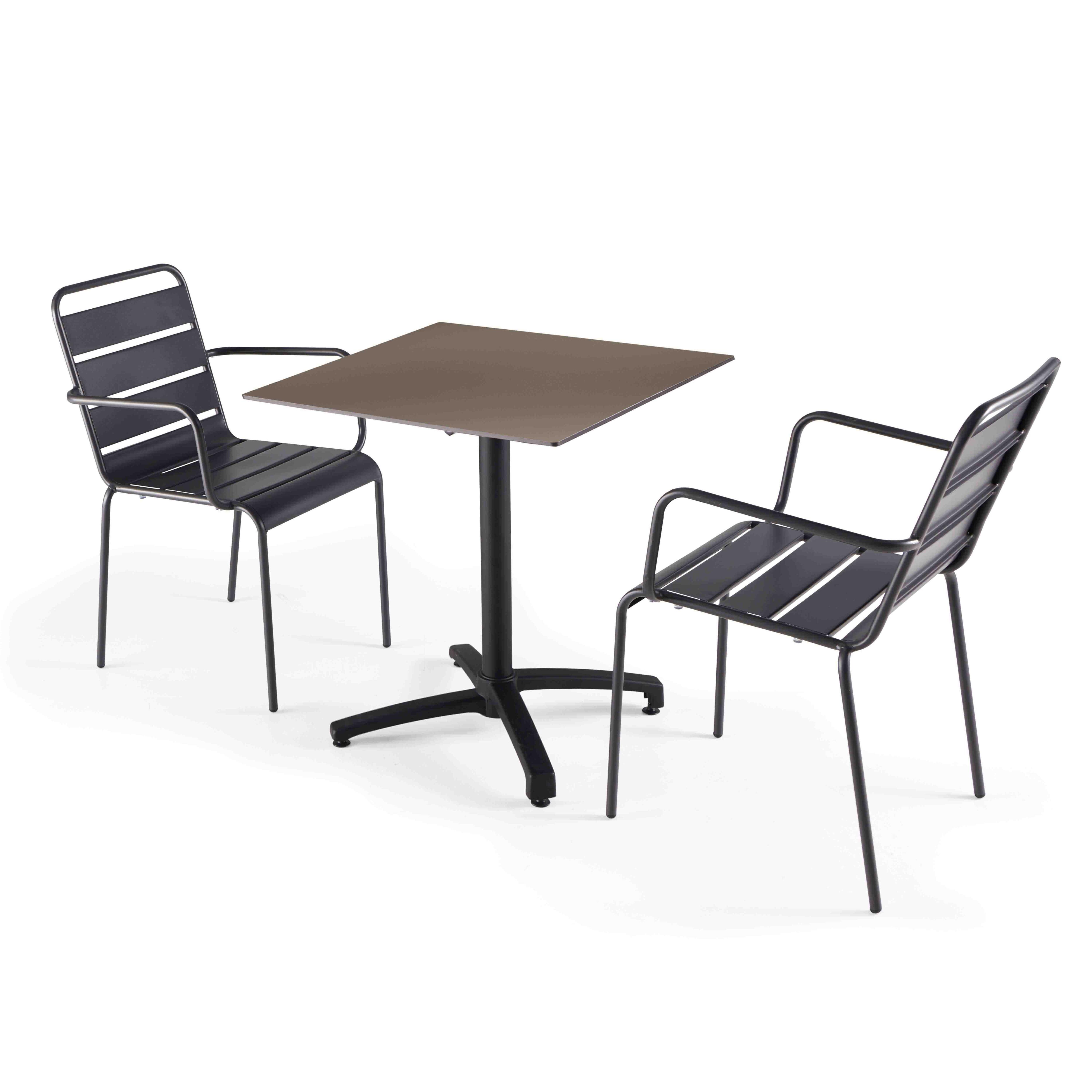 Table de terrasse bistrot carrée inclinable en aluminium noir et HPL 70x70 cm et 4 chaises