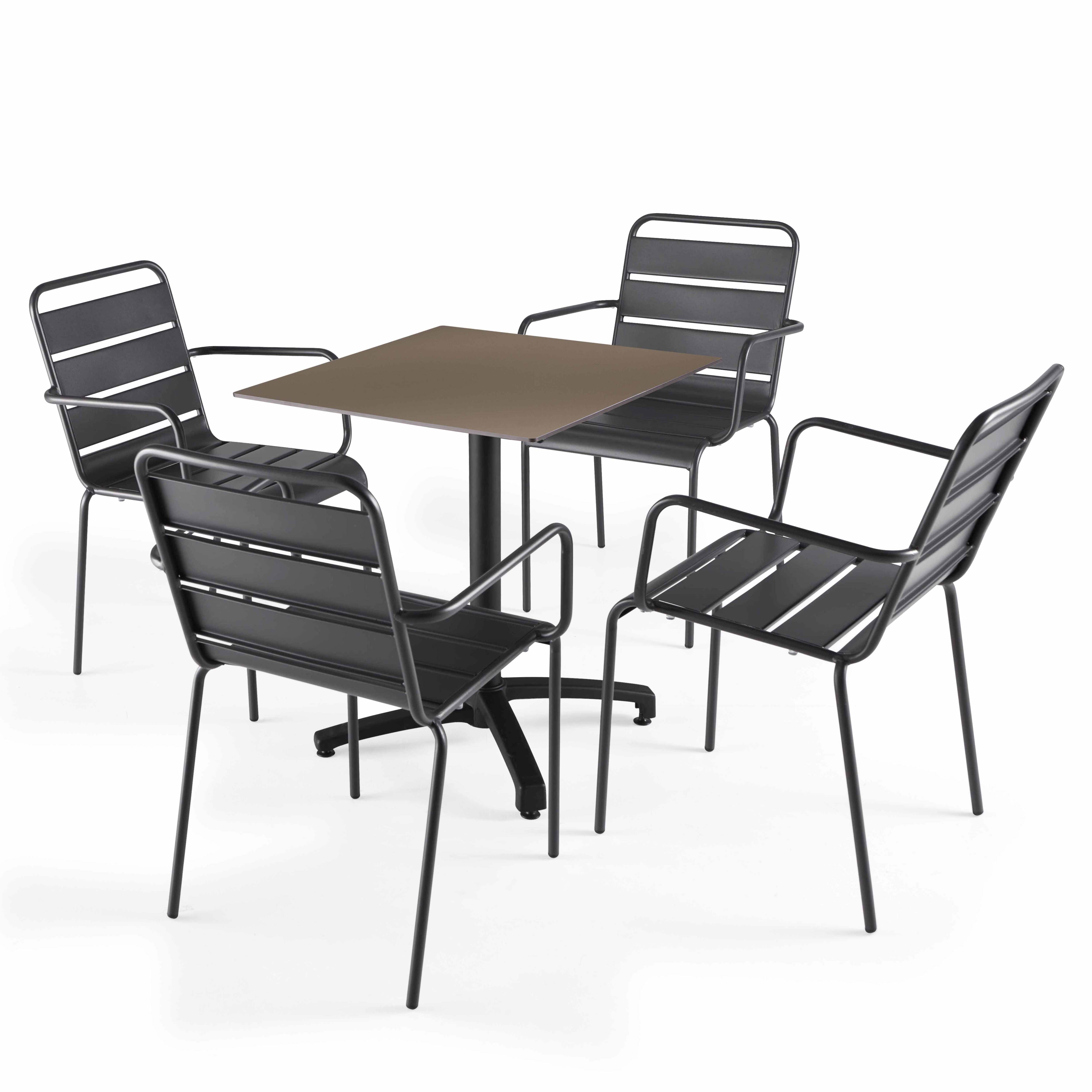 Table de terrasse bistrot carrée inclinable en aluminium noir et HPL 70x70 cm et 4 chaises