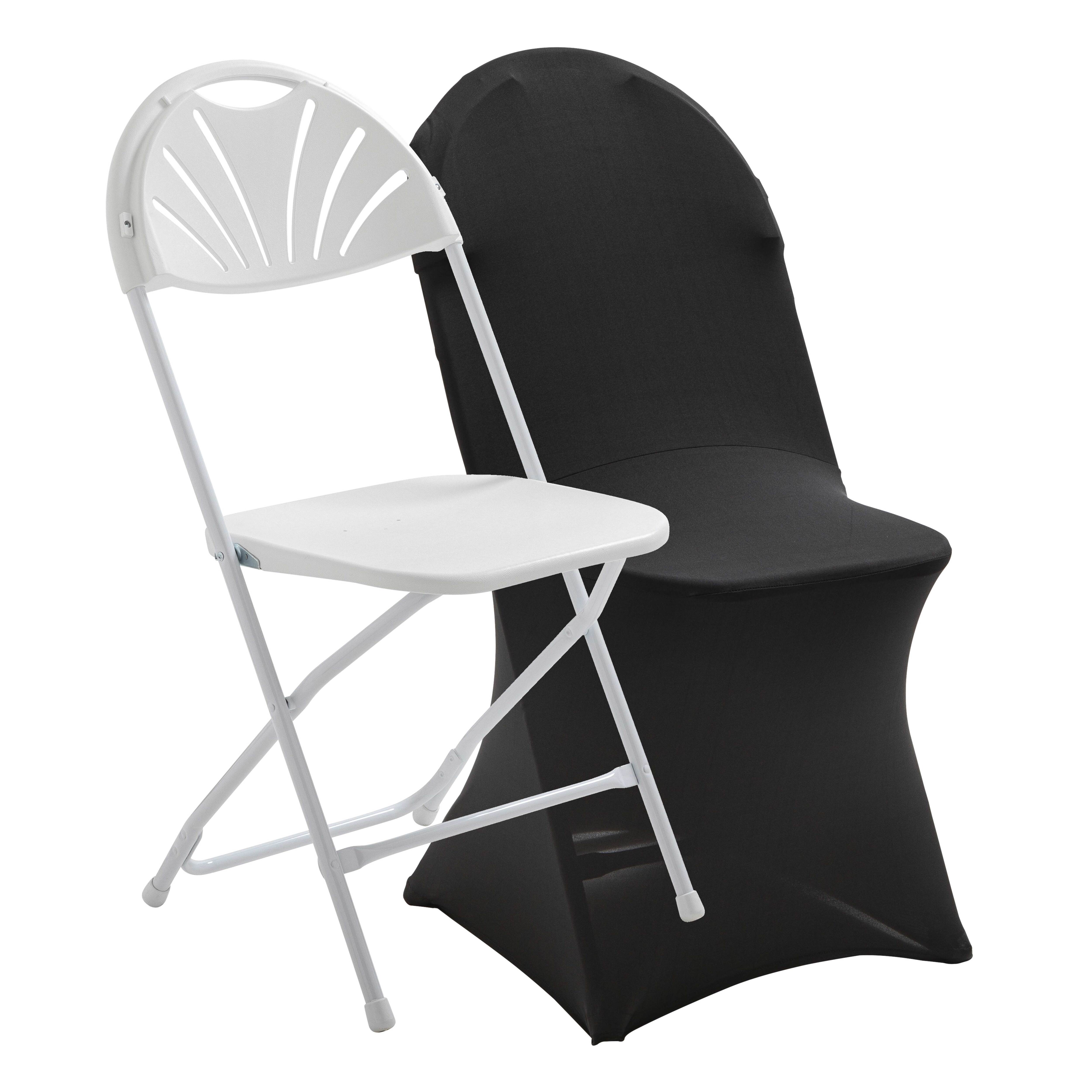 Chaise pliante blanche de réception en plastique et métal ajourée housse noire