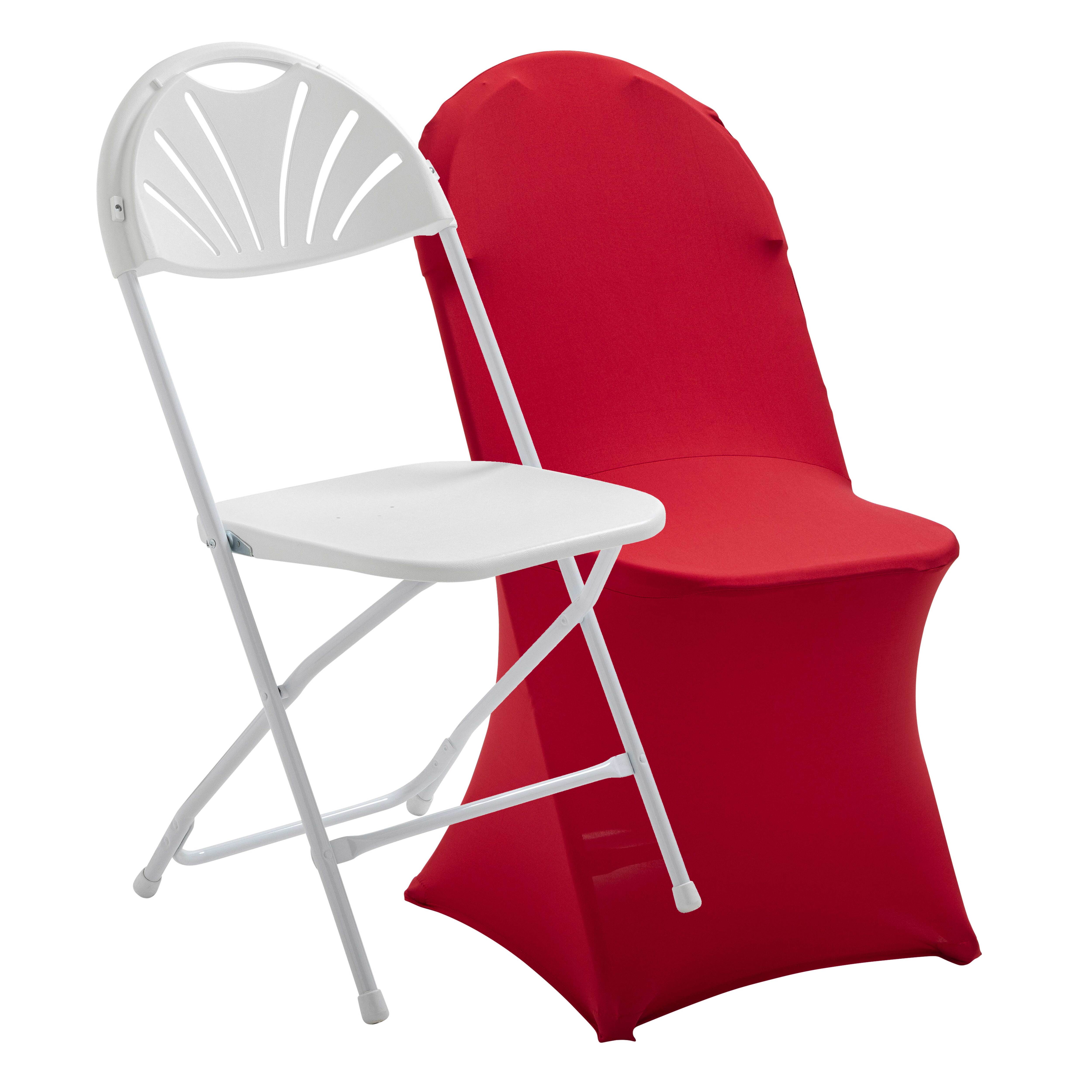 Chaise pliante blanche de réception en plastique et métal ajourée housse rouge