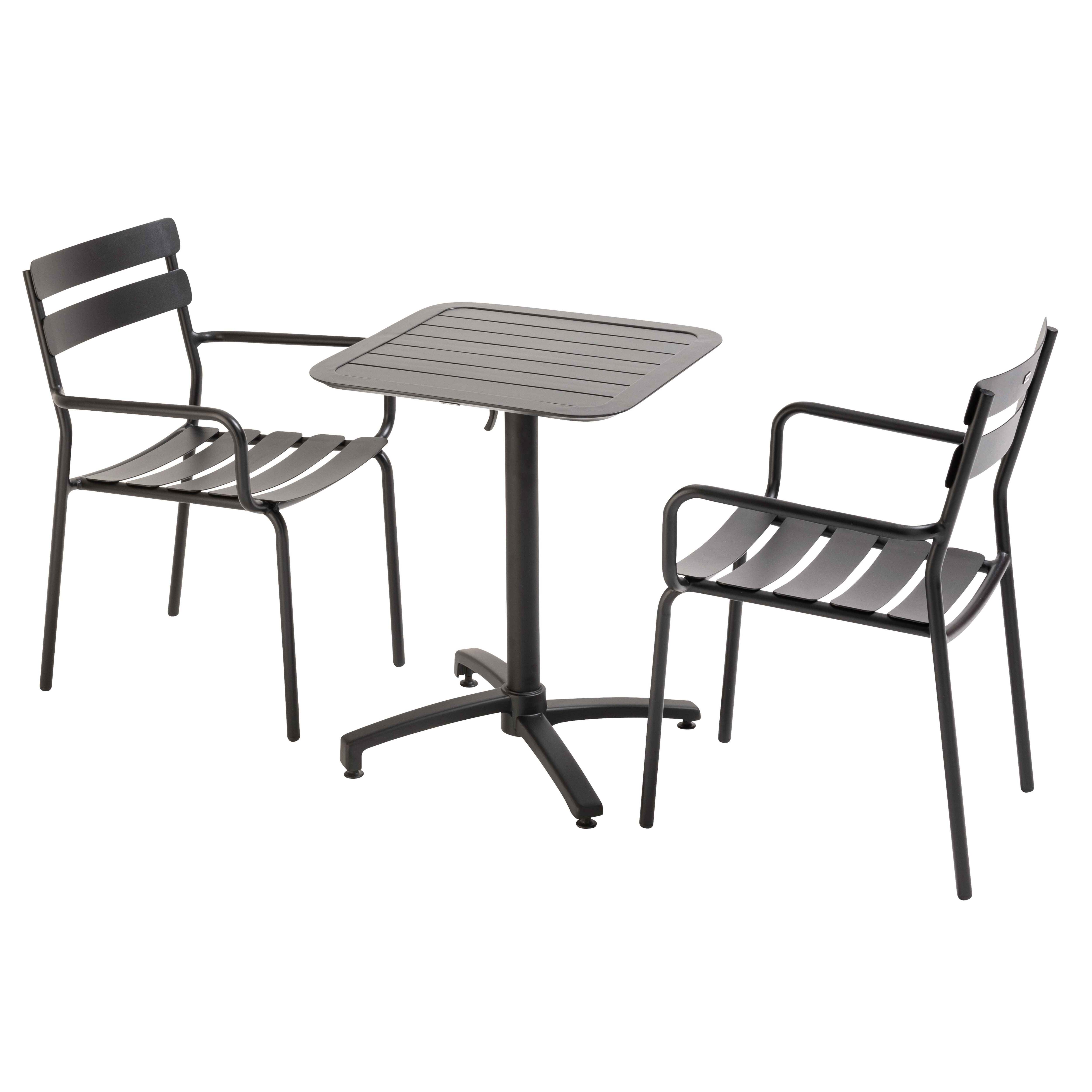 Table de terrasse bistrot carré inclinable en aluminium 60x60 cm et 2 chaises avec accoudoirs