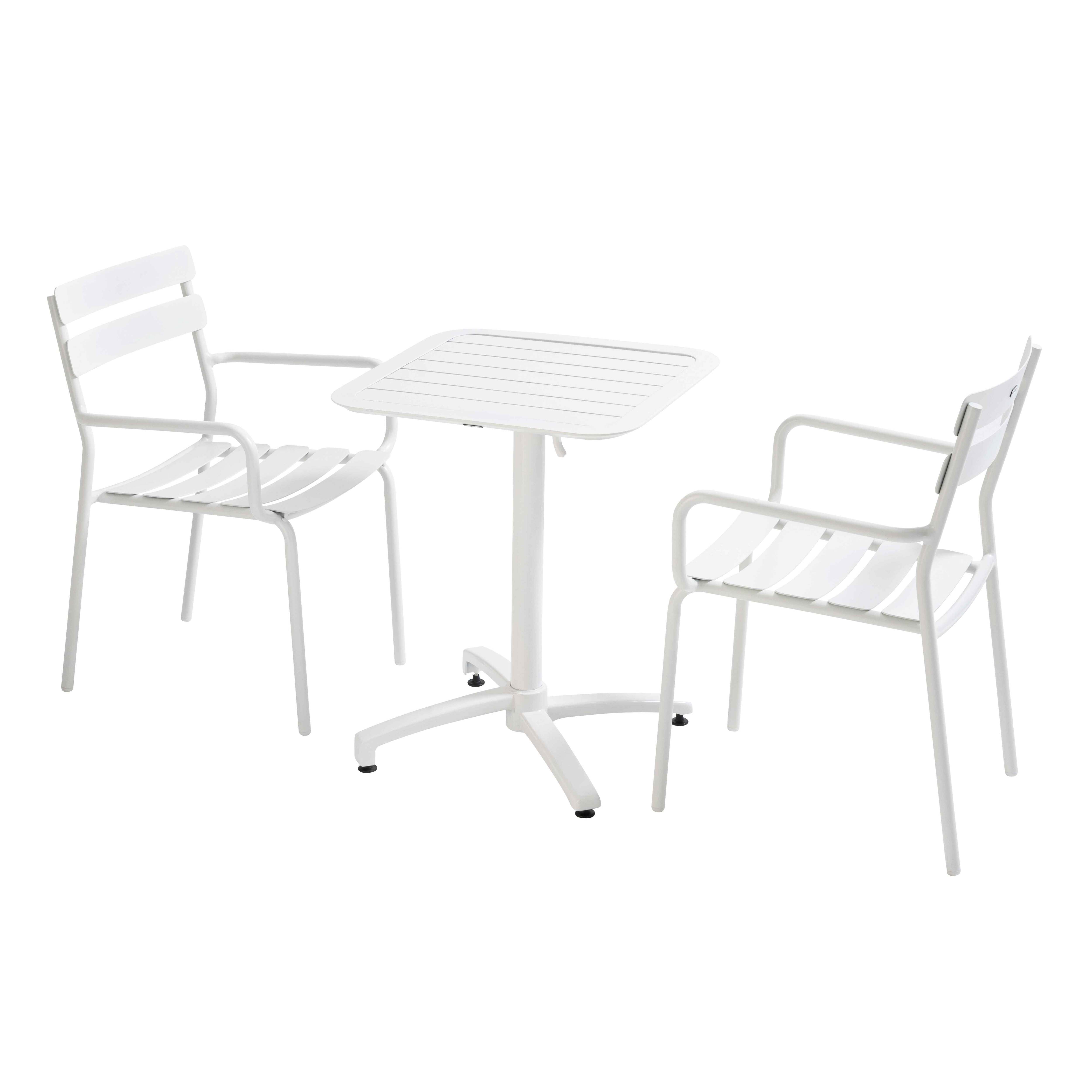 Table de terrasse bistrot carré inclinable en aluminium 60x60 cm et 2 chaises avec accoudoirs