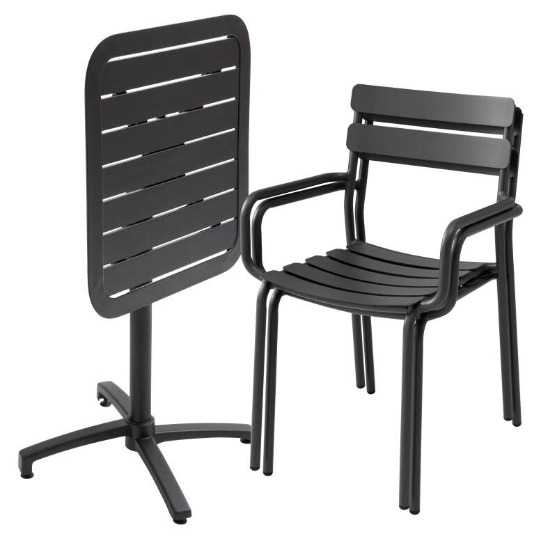 Table de terrasse 70x70 cm inclinable en aluminium et 2 chaises avec accoudoirs