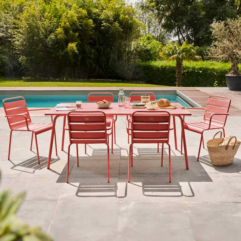 Ensemble table rectangulaire 180 cm et 6 fauteuils en métal