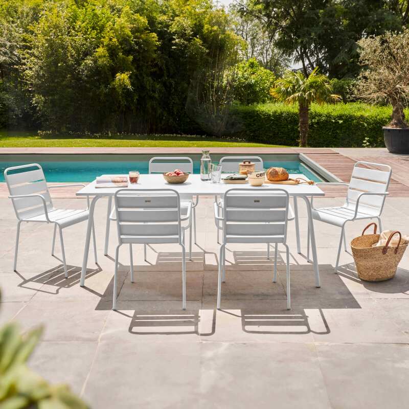 Ensemble table rectangulaire 180 cm et 6 fauteuils en métal