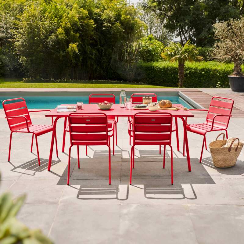 Ensemble table rectangulaire 180 cm et 6 fauteuils en métal