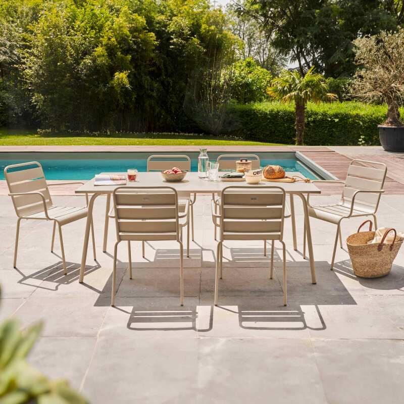 Ensemble table rectangulaire 180 cm et 6 fauteuils en métal