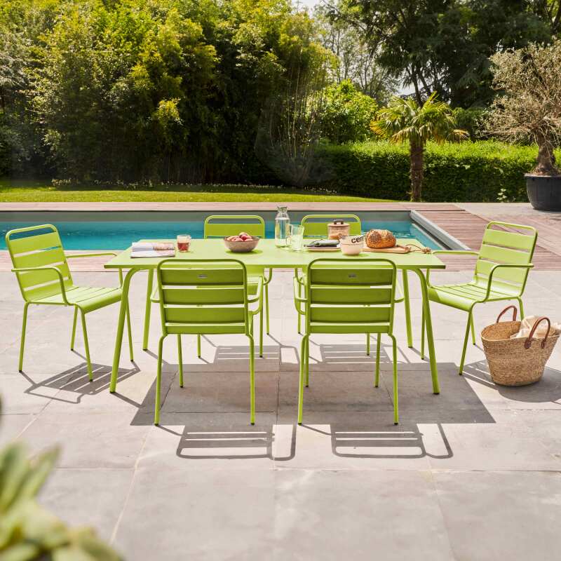 Ensemble table rectangulaire 180 cm et 6 fauteuils en métal