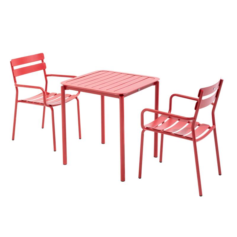Table de terrasse carrée 70 x 70 cm et 2 chaises avec accoudoirs en aluminium
