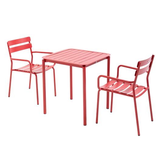 Table de terrasse carrée 70 x 70 cm et 2 chaises avec accoudoirs en aluminium