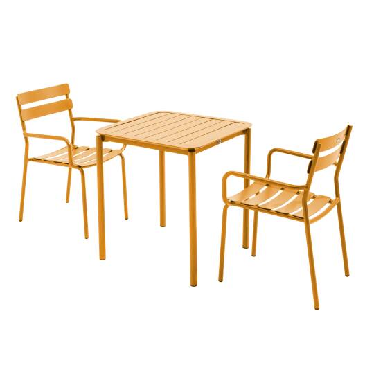 Table de terrasse carrée 70 x 70 cm et 2 chaises avec accoudoirs en aluminium