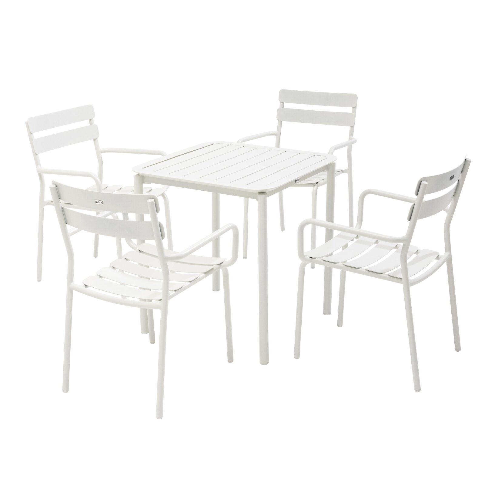 Table de terrasse carrée 70 x 70 cm et 4 chaises avec accoudoirs en aluminium