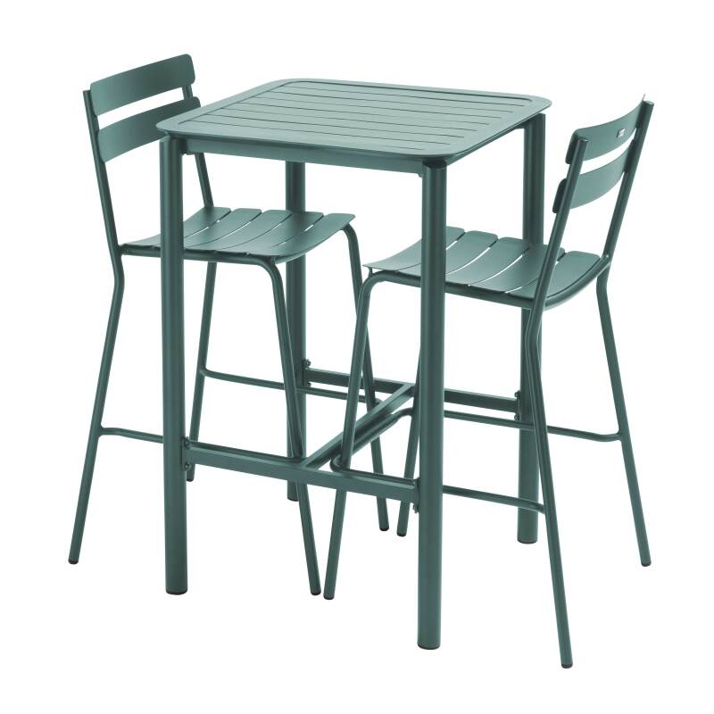 Table haute de terrasse carrée et 2 chaises en aluminium