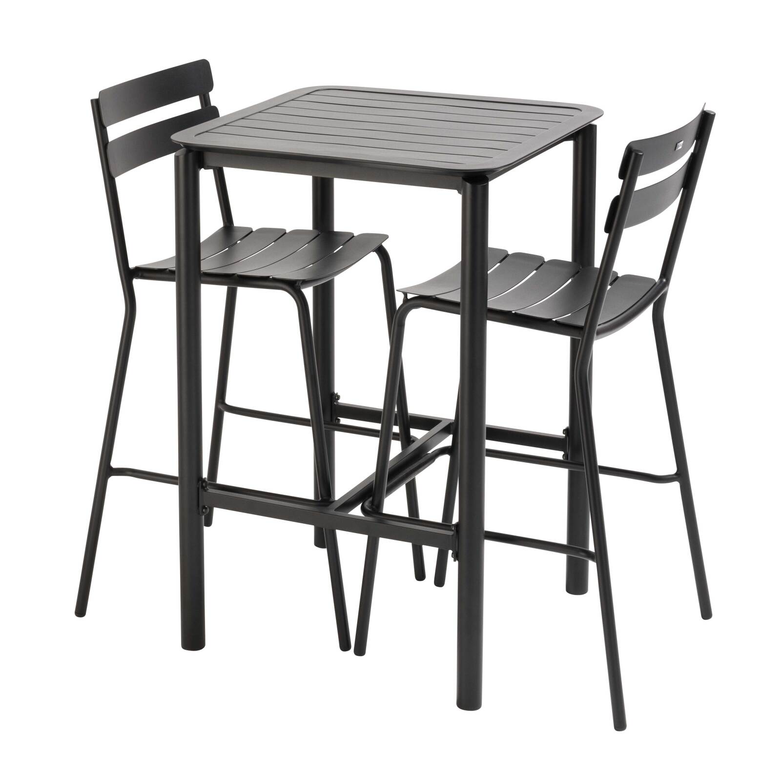 Table haute de terrasse carrée et 2 chaises en aluminium