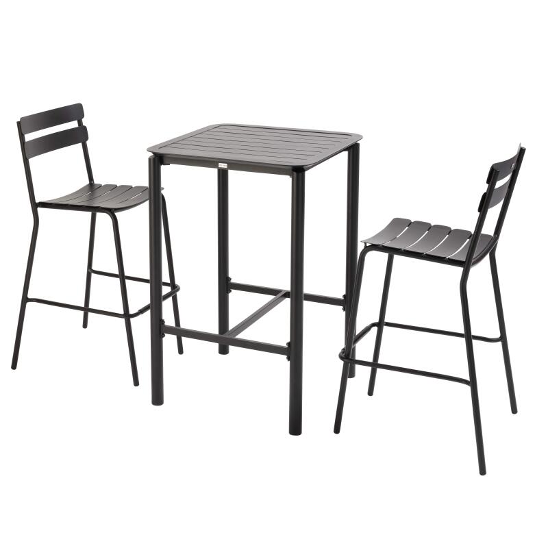 Table haute de terrasse carrée et 2 chaises en aluminium