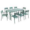 Table de terrasse rectangulaire 185 x 92 cm et 8 chaises en aluminium avec accoudoirs
