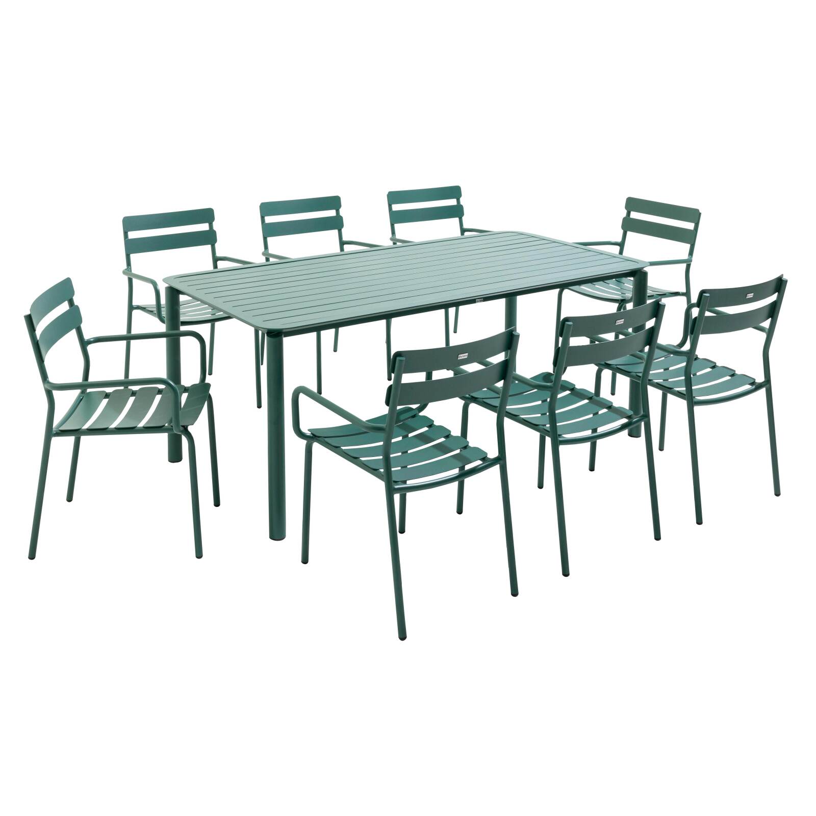Table de terrasse rectangulaire 185 x 92 cm et 8 chaises en aluminium avec accoudoirs