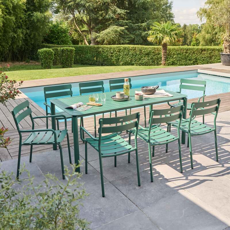 Table de terrasse rectangulaire 185 x 92 cm et 8 chaises en aluminium avec accoudoirs