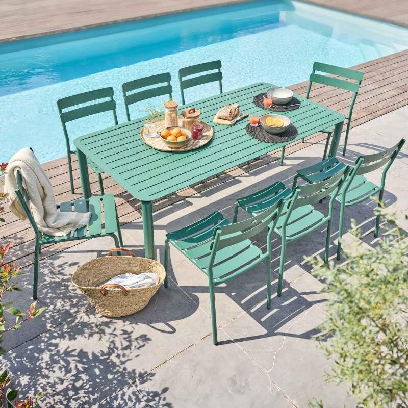 Table de terrasse rectangulaire 185 x 92 cm et 8 chaises en aluminium
