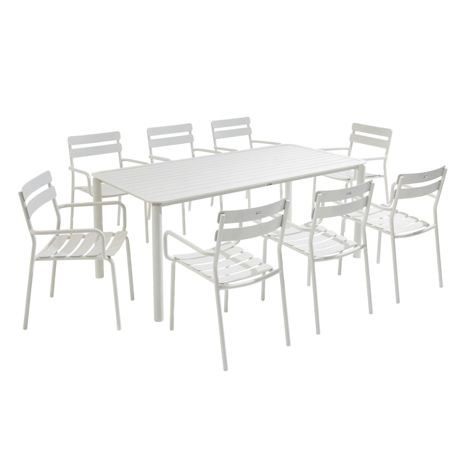 Table de terrasse rectangulaire 185 x 92 cm et 8 chaises en aluminium avec accoudoirs