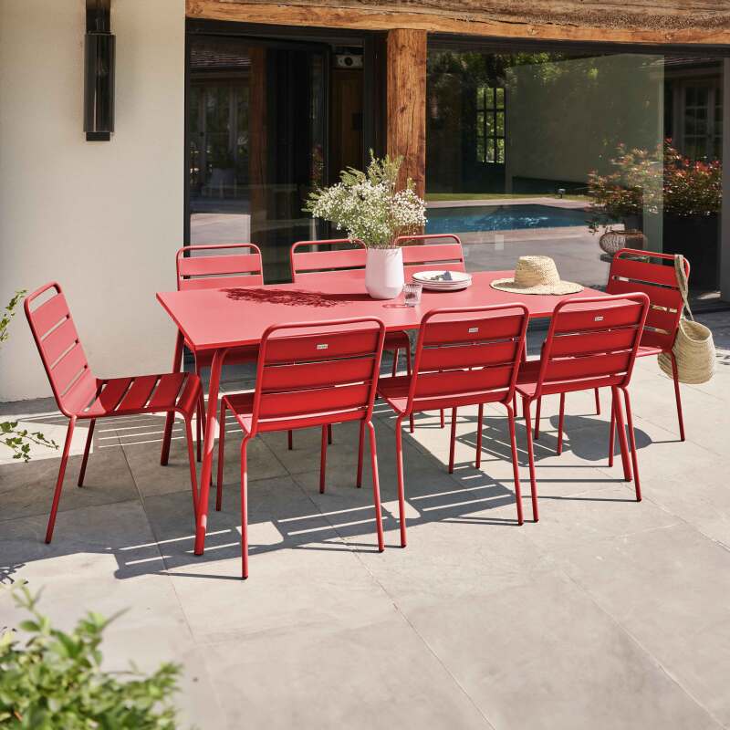 Ensemble table rectangulaire 180 cm et 8 chaises en métal