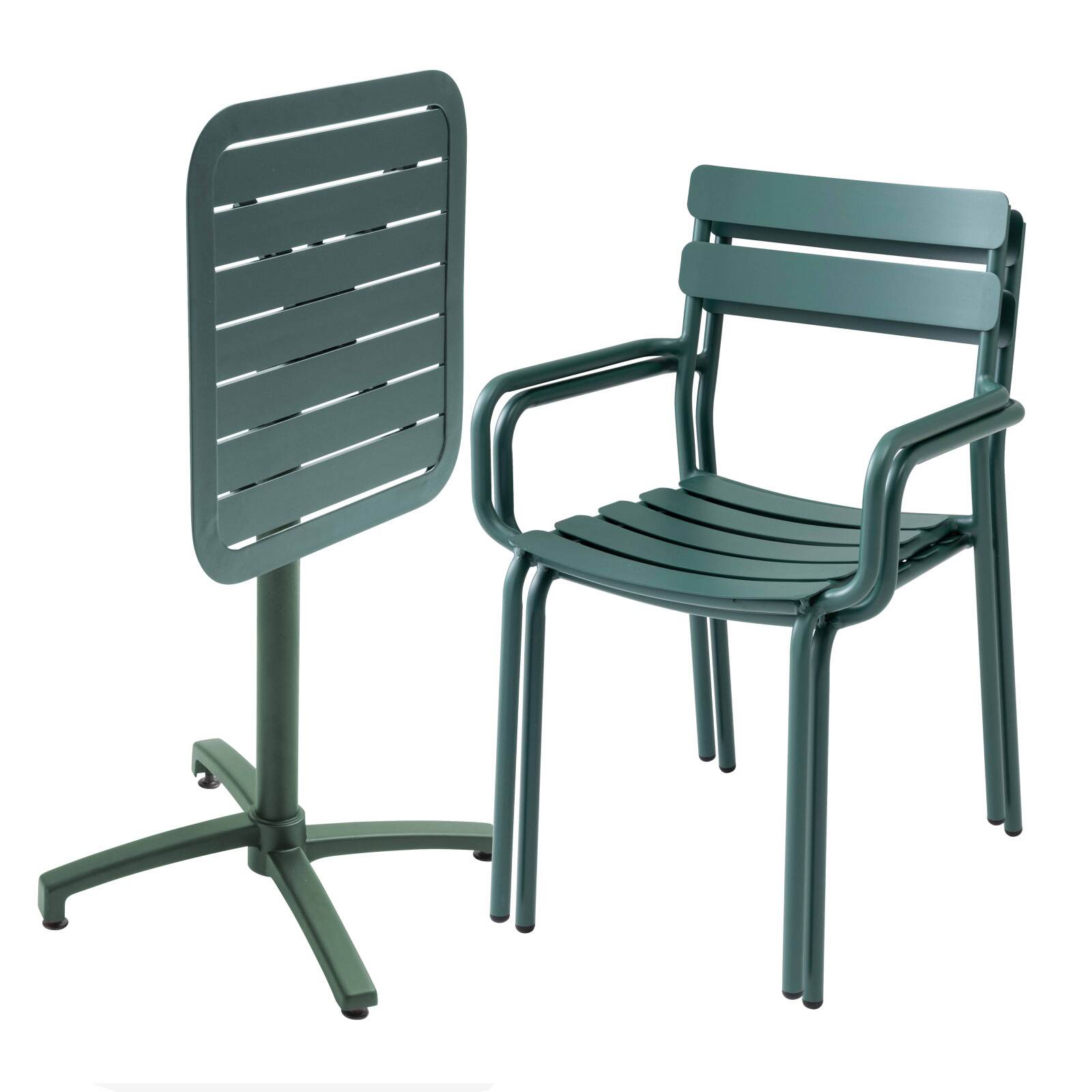 Table de terrasse 60x60 cm inclinable en aluminium et 2 chaises avec accoudoirs