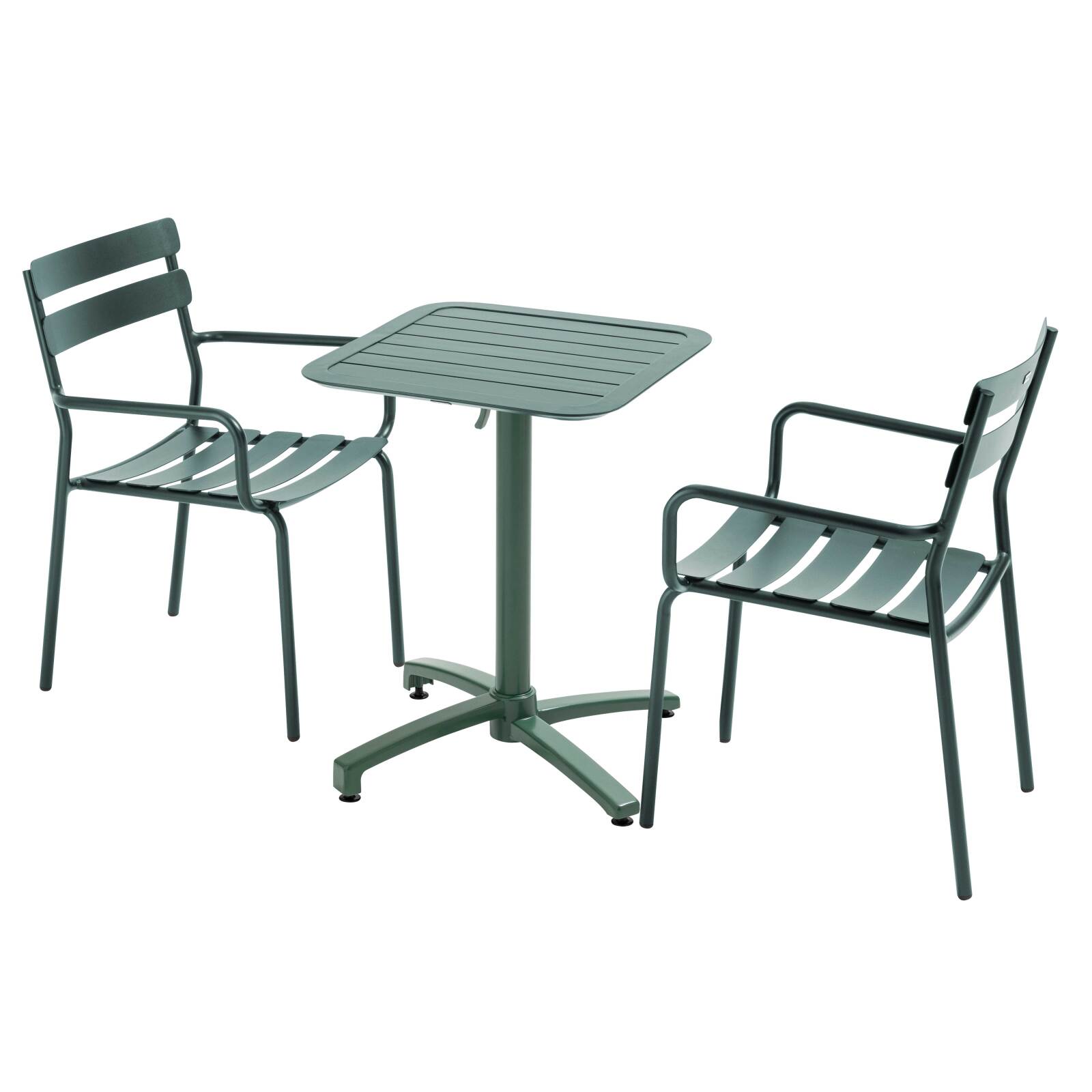 Table de terrasse 60x60 cm inclinable en aluminium et 2 chaises avec accoudoirs
