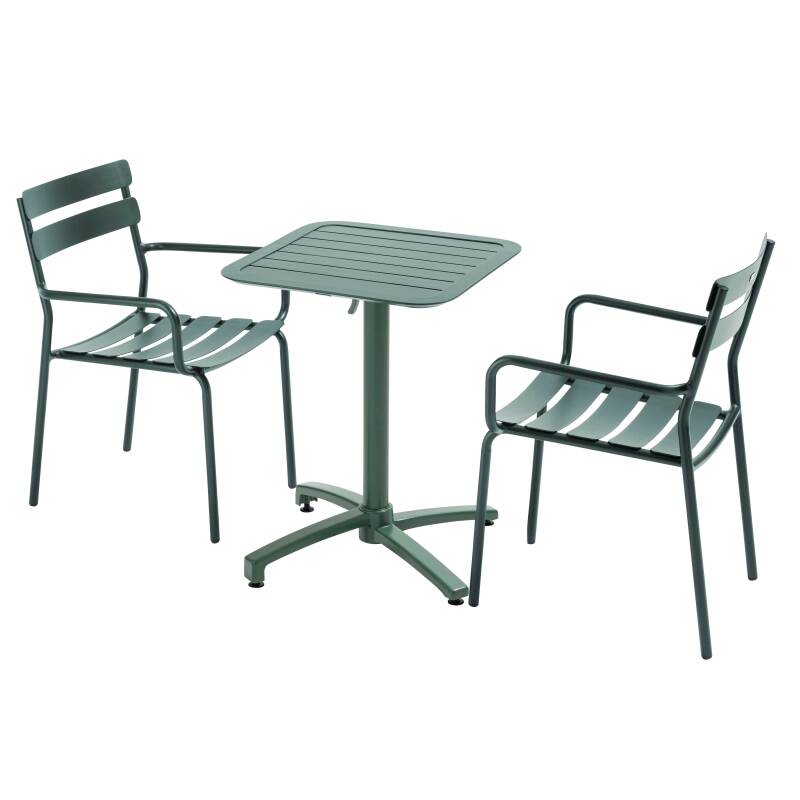 Table de terrasse 60x60 cm inclinable en aluminium et 2 chaises avec accoudoirs