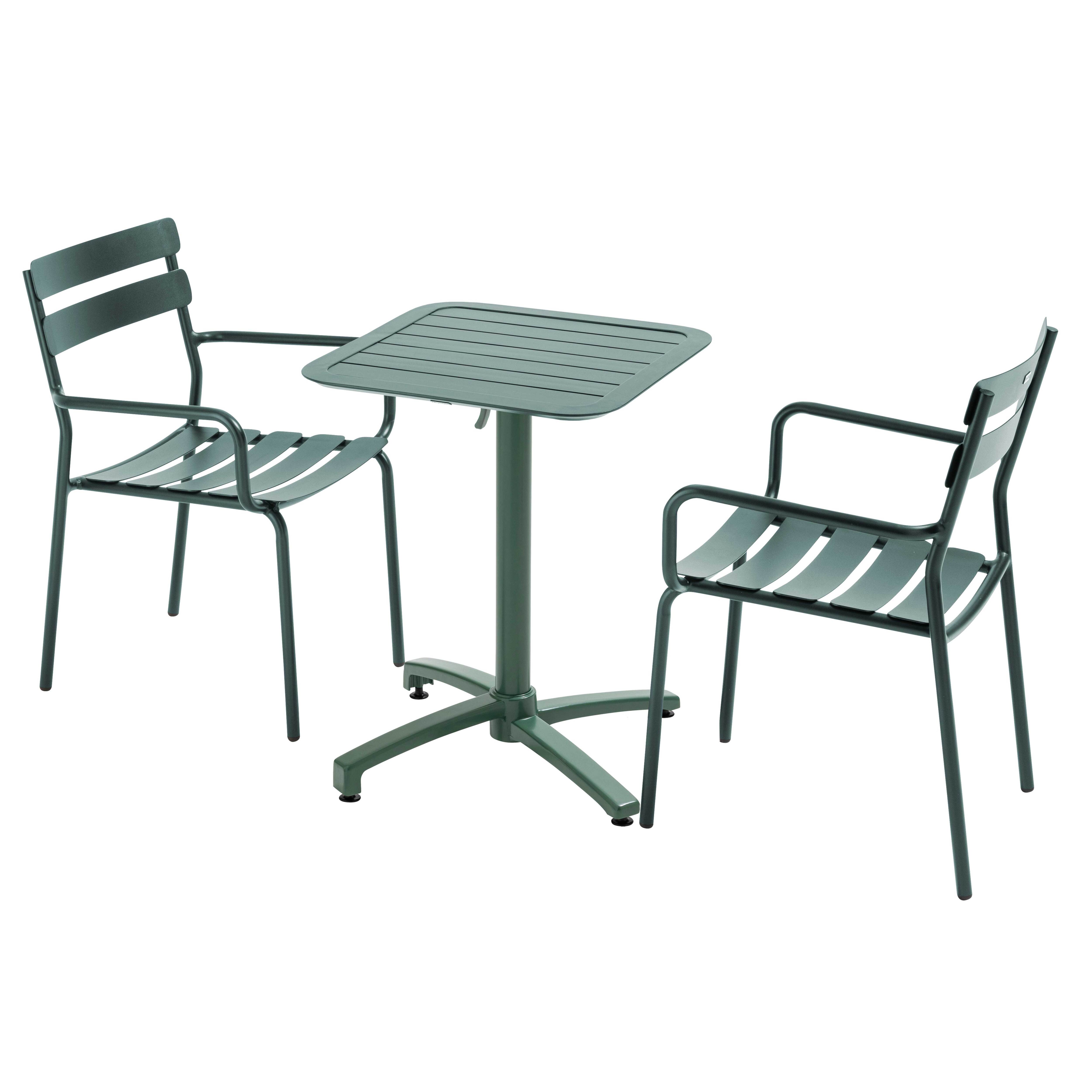 Table de terrasse bistrot carré inclinable en aluminium 60x60 cm et 2 chaises avec accoudoirs