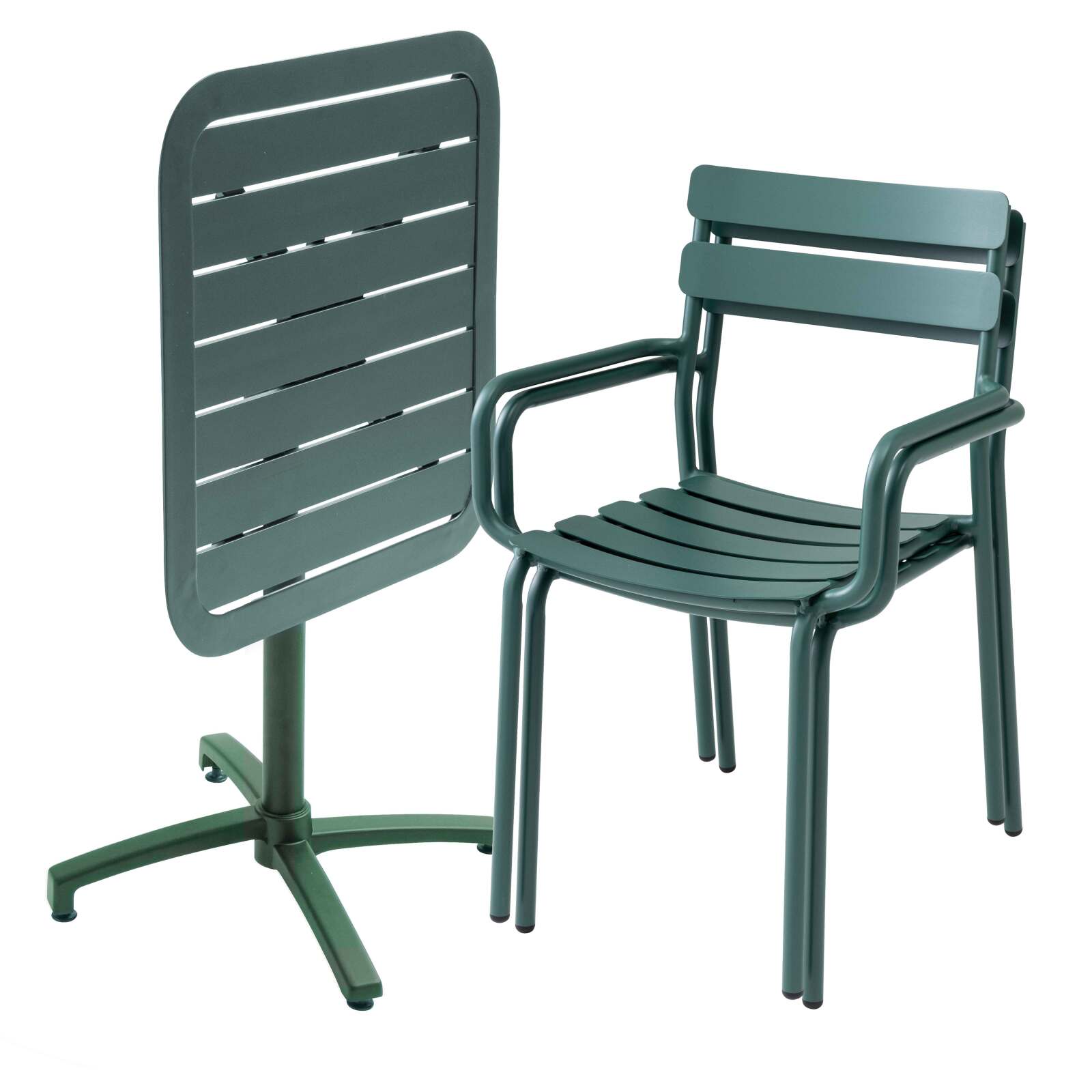 Table de terrasse 70x70 cm inclinable en aluminium et 2 chaises avec accoudoirs