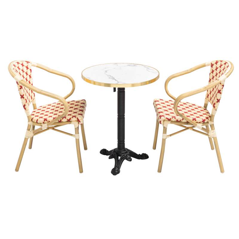 Table de terrasse en contreplaqué stratifié avec bord en aluminium ⌀60 cm et 2 chaises style bistrot parisien