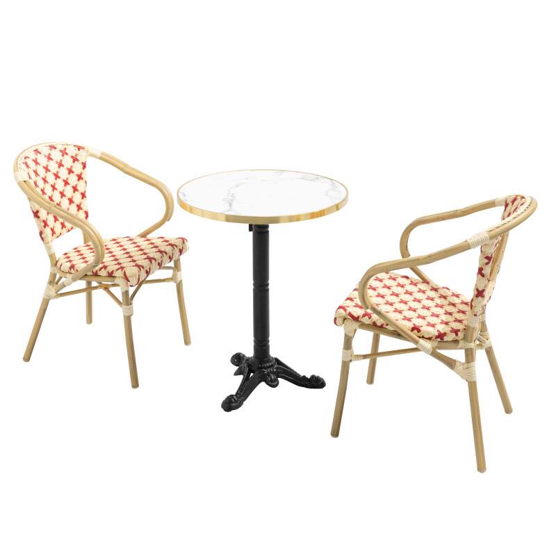 Table de terrasse en contreplaqué stratifié avec bord en aluminium ⌀60 cm et 2 chaises style bistrot parisien