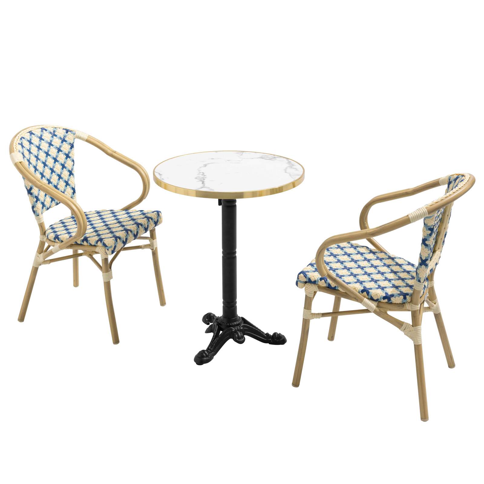 Table de terrasse en contreplaqué stratifié avec bord en aluminium ⌀60 cm et 2 chaises style bistrot parisien