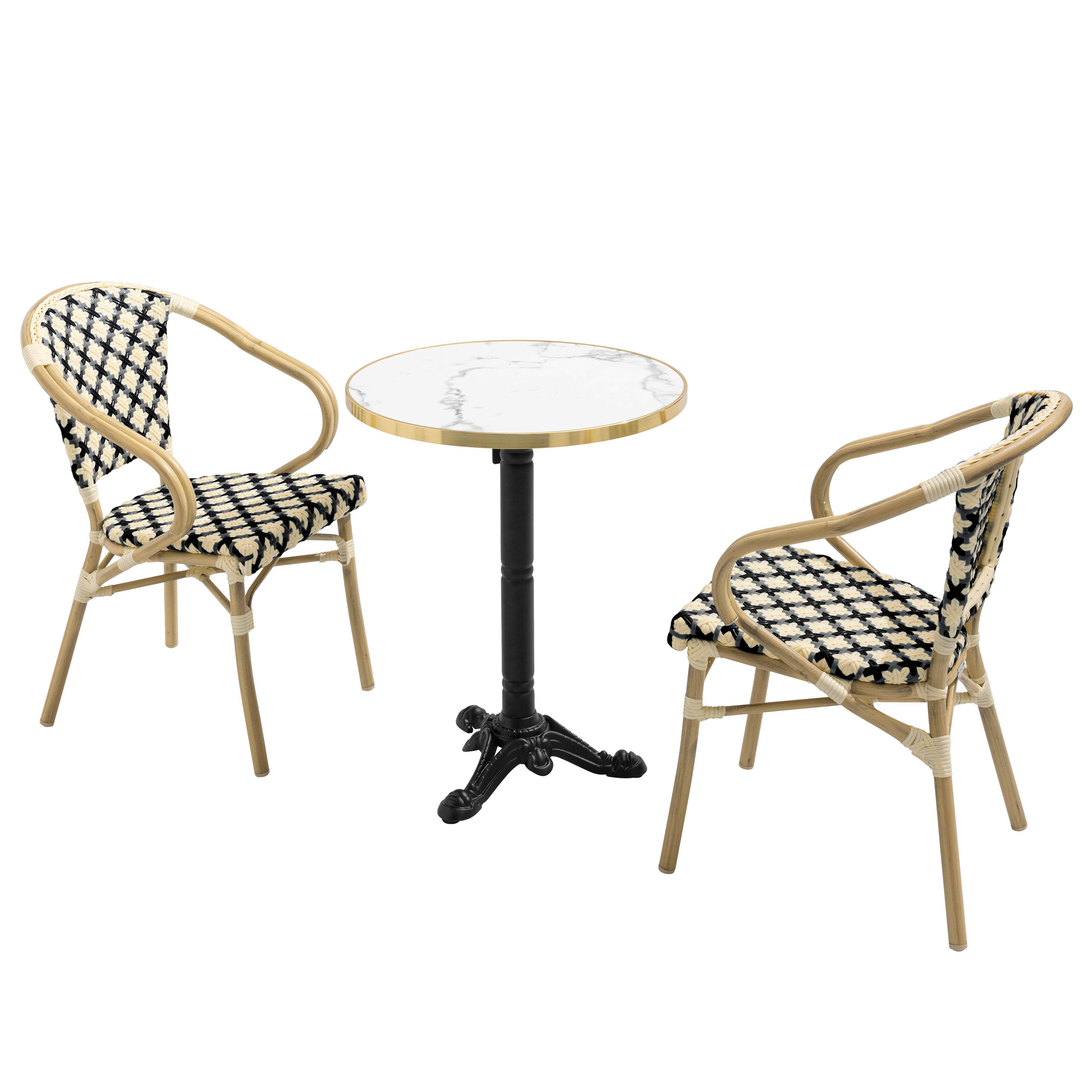 Table de terrasse bistrot inclinable effet marbre et pied en fonte Ø60 cm et 2 chaises en rotin synthétique et aluminium