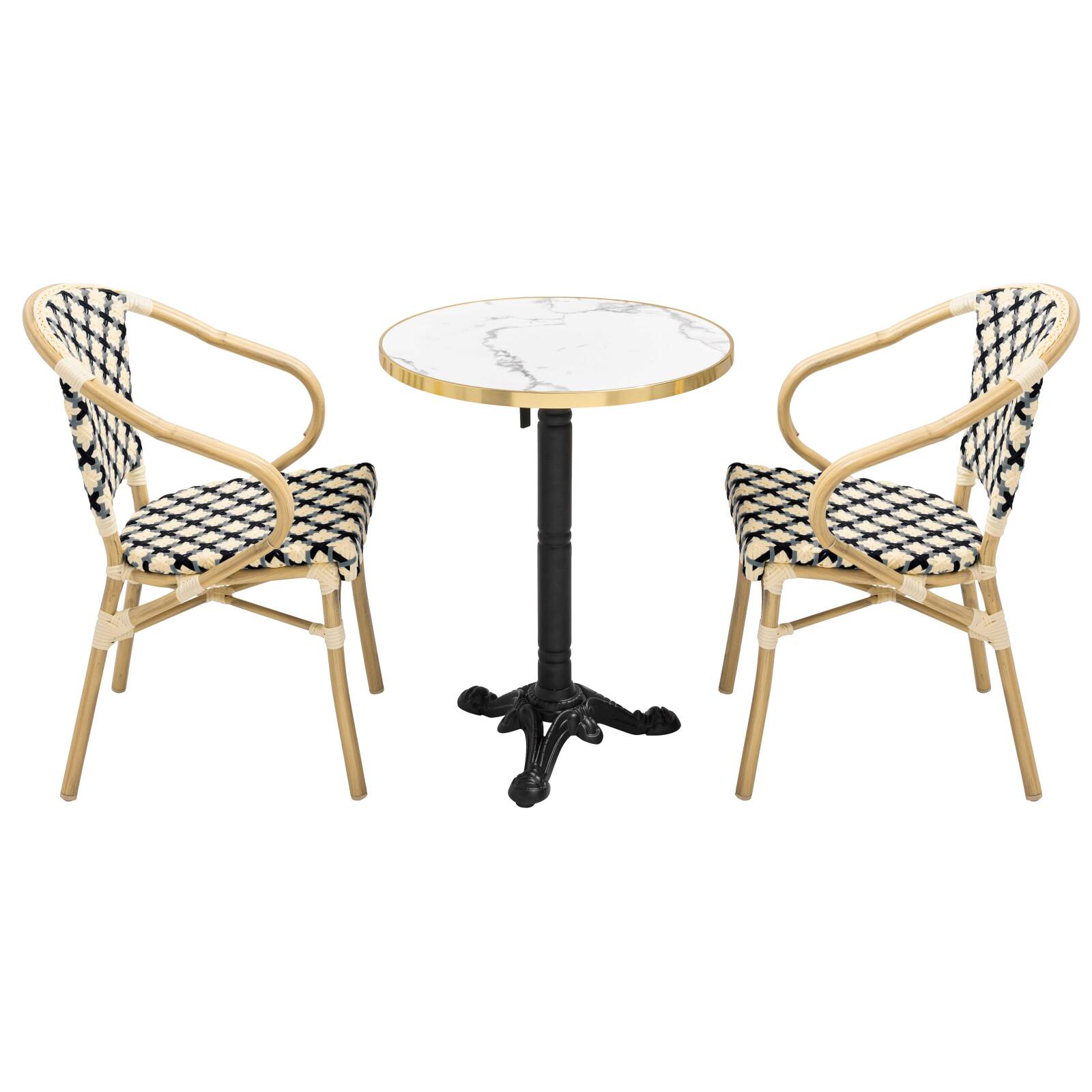 Table de terrasse en contreplaqué stratifié avec bord en aluminium ⌀60 cm et 2 chaises style bistrot parisien