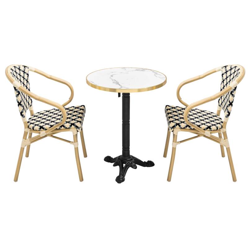 Table de terrasse en contreplaqué stratifié avec bord en aluminium ⌀60 cm et 2 chaises style bistrot parisien
