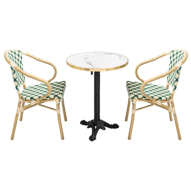 Table de terrasse en contreplaqué stratifié avec bord en aluminium ⌀60 cm et 2 chaises style bistrot parisien
