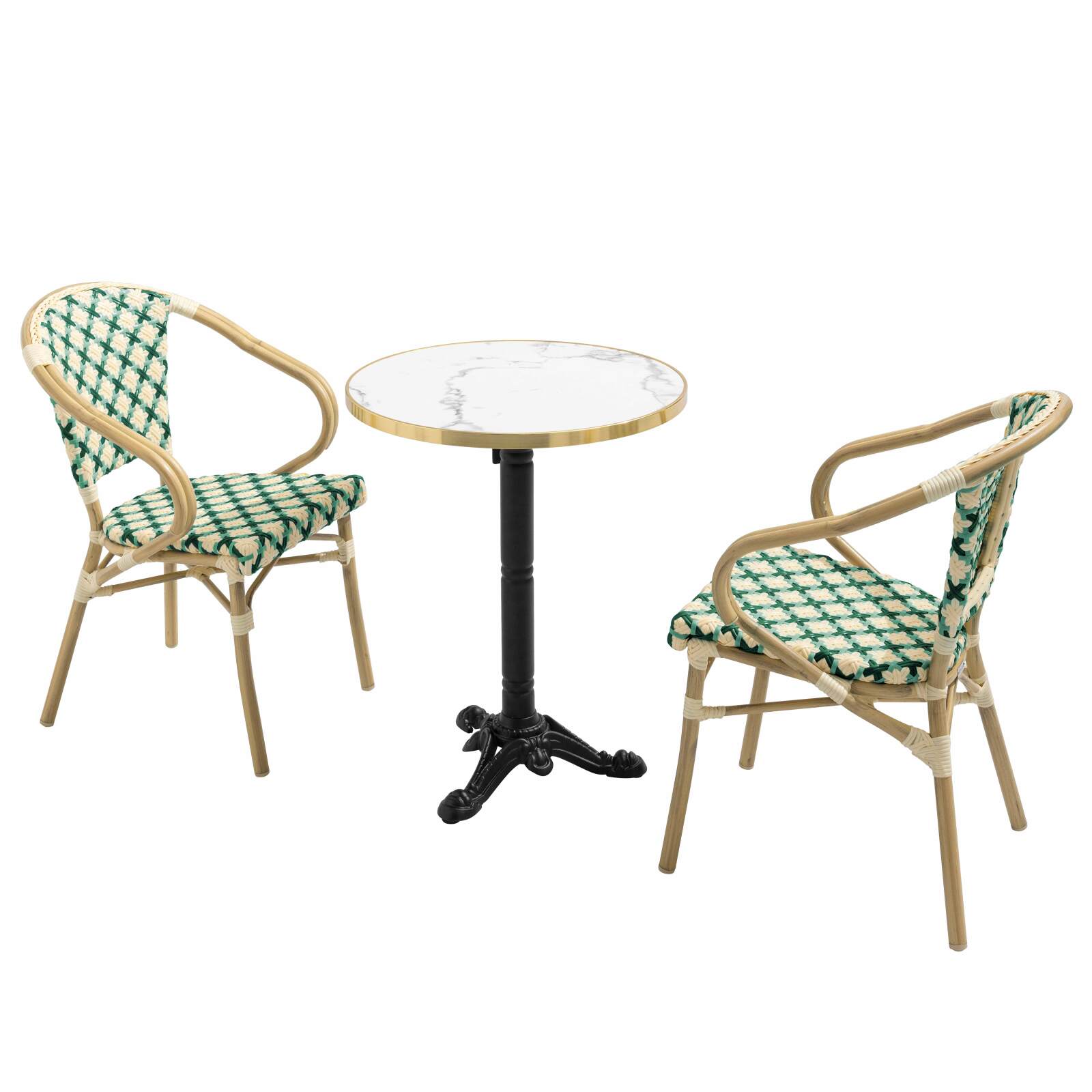 Table de terrasse en contreplaqué stratifié avec bord en aluminium ⌀60 cm et 2 chaises style bistrot parisien