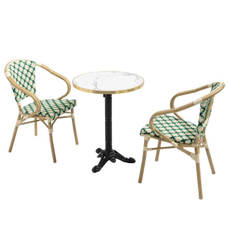 Table de terrasse en contreplaqué stratifié avec bord en aluminium ⌀60 cm et 2 chaises style bistrot parisien
