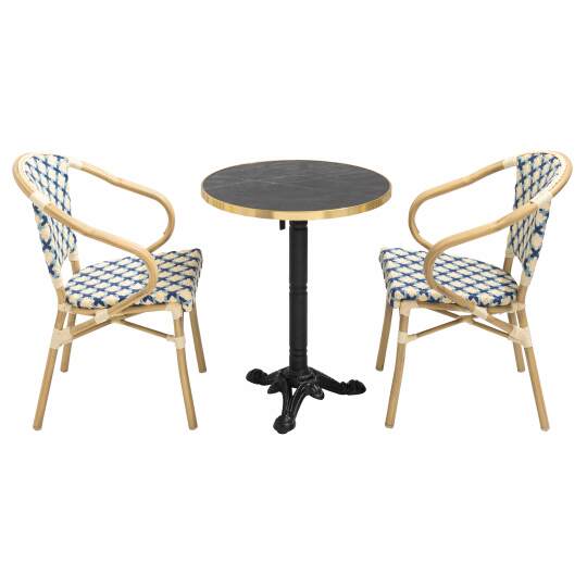 Table de terrasse bistrot inclinable effet marbre et pied en fonte Ø60 cm et 2 chaises en rotin synthétique et aluminium | Mobev