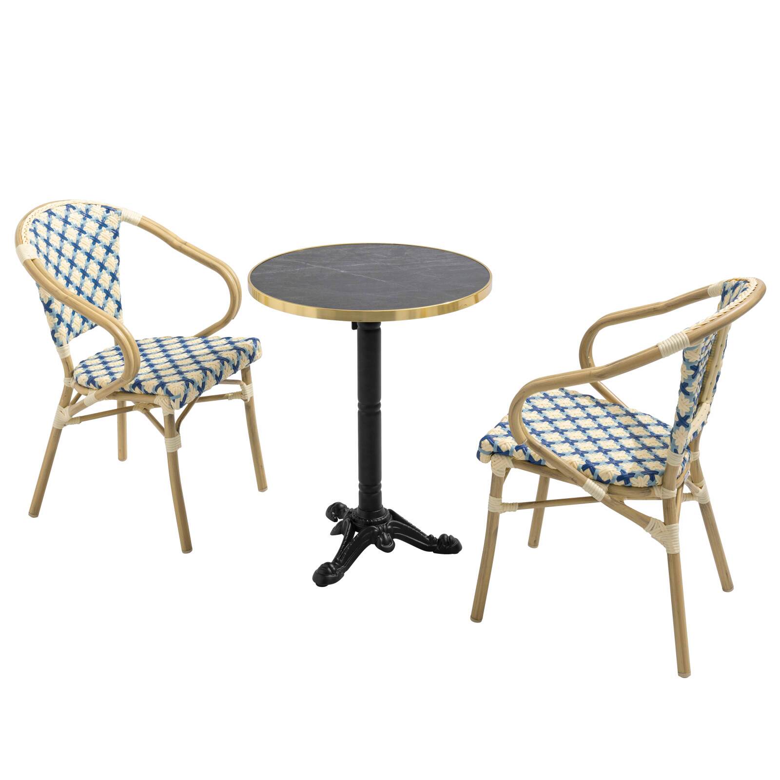 Table de terrasse en contreplaqué stratifié avec bord en aluminium ⌀60 cm et 2 chaises style bistrot parisien
