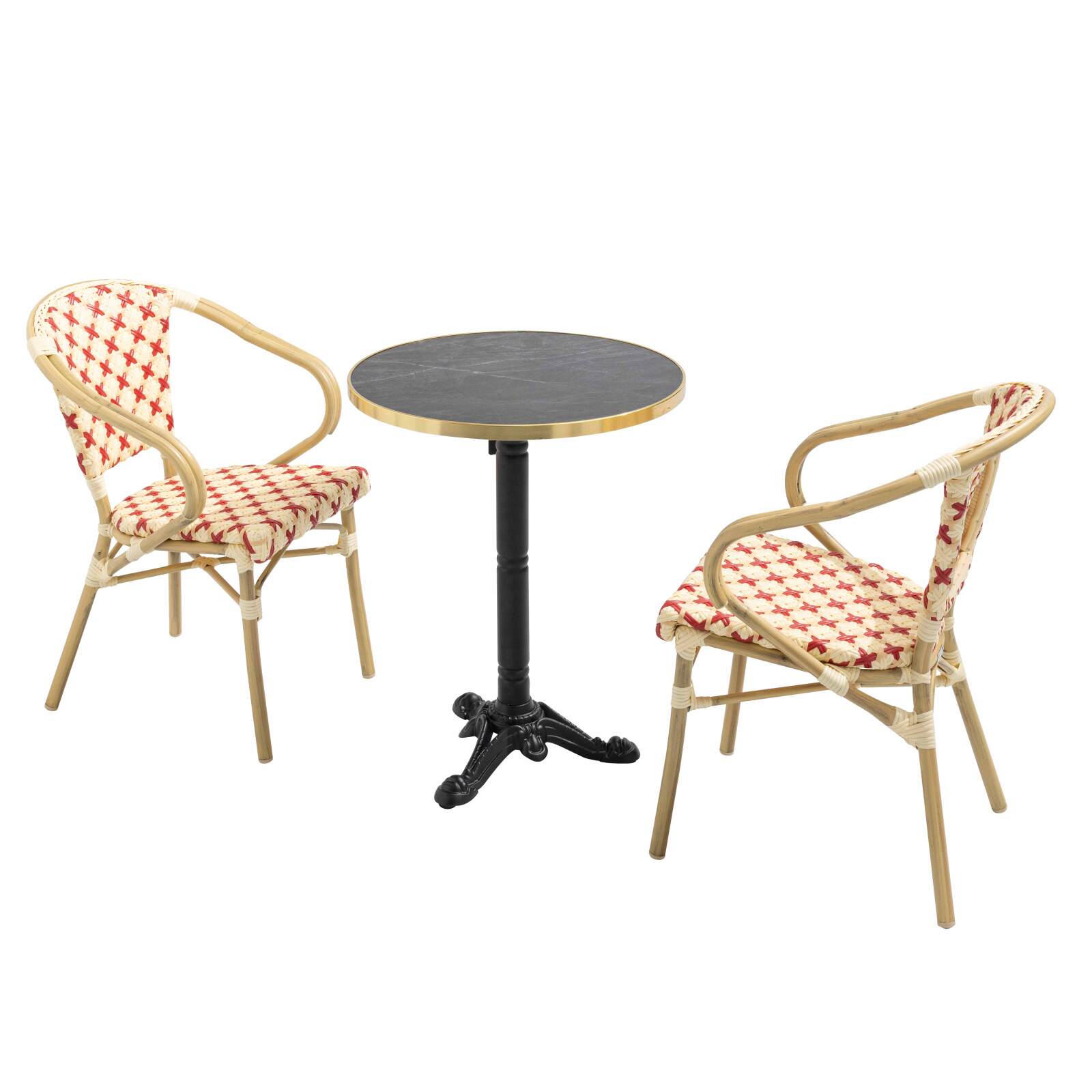 Table de terrasse en contreplaqué stratifié avec bord en aluminium ⌀60 cm et 2 chaises style bistrot parisien
