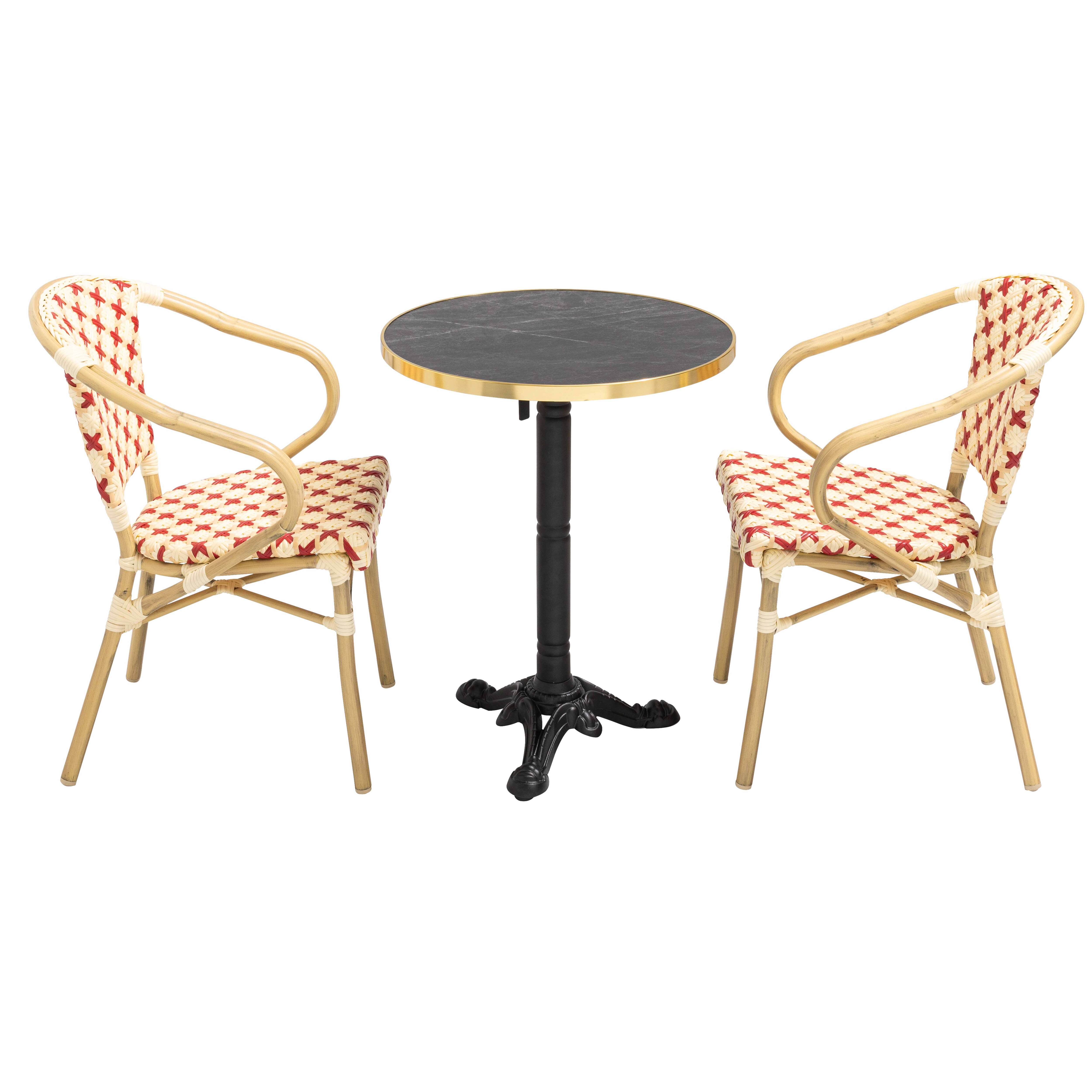 Table de terrasse bistrot inclinable effet marbre et pied en fonte Ø60 cm et 2 chaises en rotin synthétique et aluminium