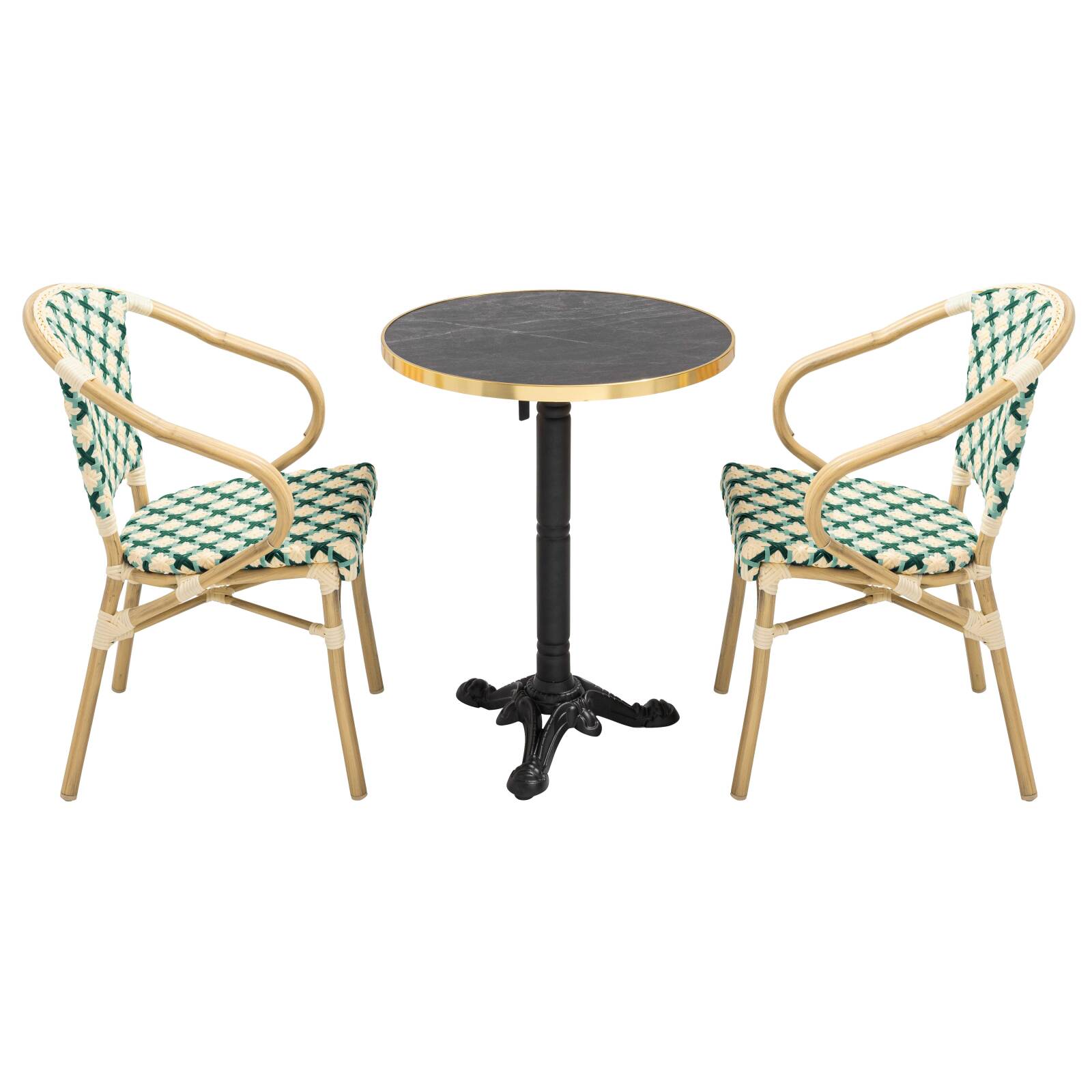 Table de terrasse en contreplaqué stratifié avec bord en aluminium ⌀60 cm et 2 chaises style bistrot parisien