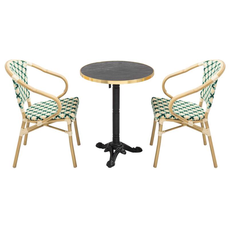 Table de terrasse en contreplaqué stratifié avec bord en aluminium ⌀60 cm et 2 chaises style bistrot parisien