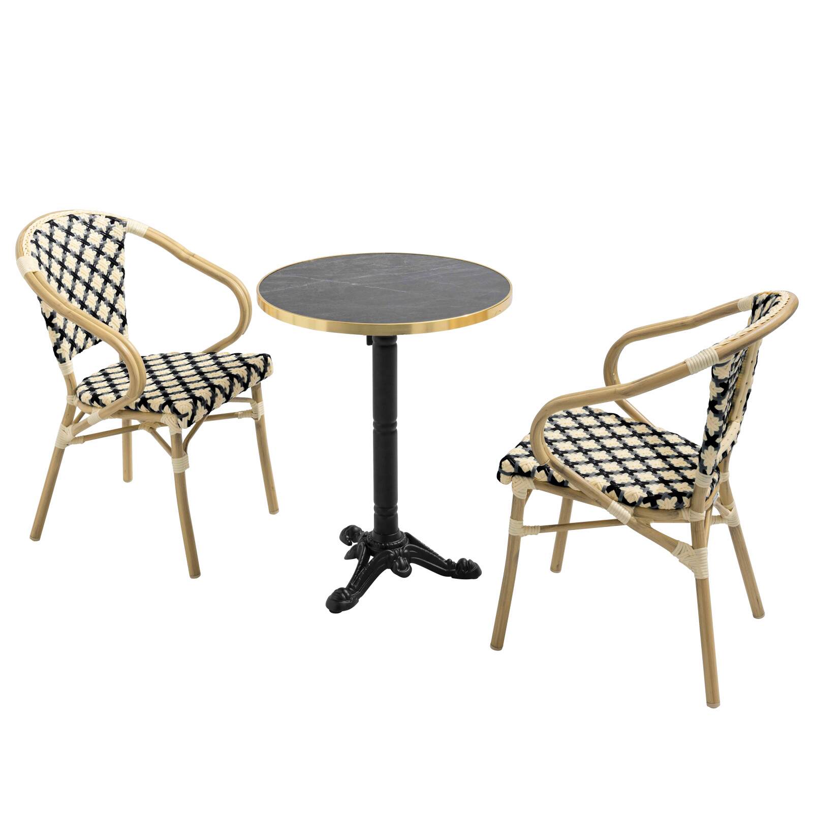 Table de terrasse en contreplaqué stratifié avec bord en aluminium ⌀60 cm et 2 chaises style bistrot parisien