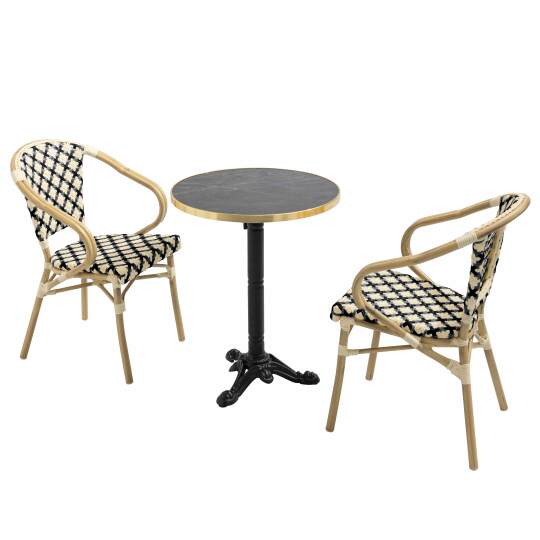Table de terrasse bistrot inclinable effet marbre et pied en fonte Ø60 cm et 2 chaises en rotin synthétique et aluminium | Mobev